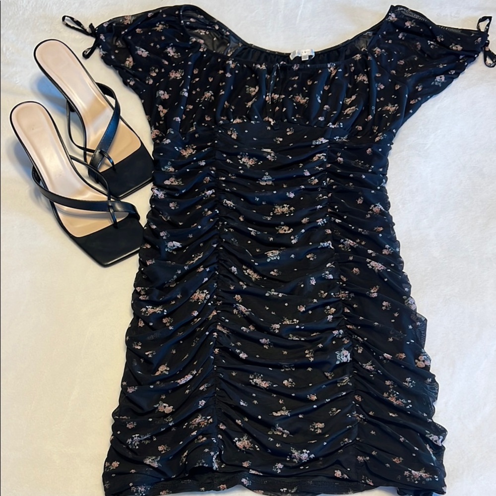 Ultra Flirt Black and Blue Ruched Bodycon Mini Dress